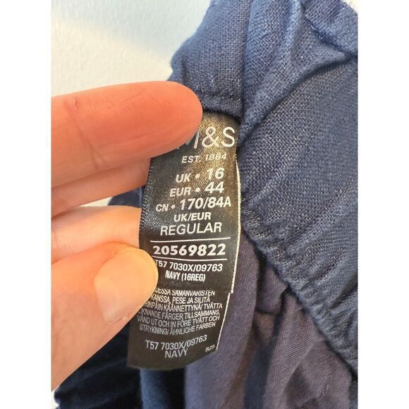 M&S Collection Navy Blue Wide Leg Linen Palazzo‎ Pants Elastic Waist US 12 14 - Picture 5 of 5